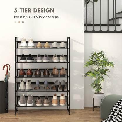 Shoe Rack with 5 Levels, Shoe Shelf, Shoe Stand for 15 Pairs of Shoes, Space-Saving Shoe Storage, Shoe Organizer for Entryway, Hallway, Black