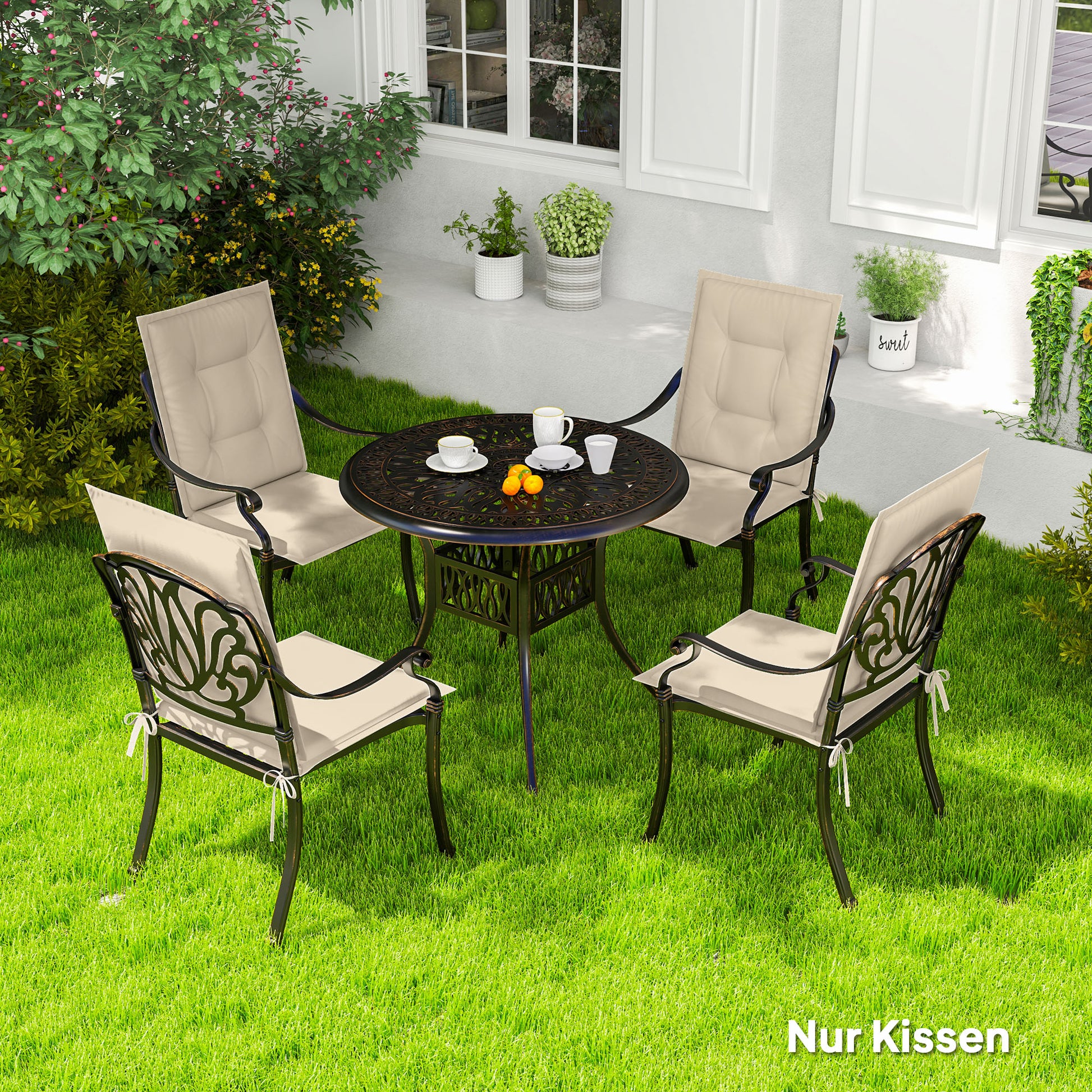 Set of 4 Seat Cushions 108 x 50 x 5 cm Chair Cushions with Straps, Outdoor Indoor Seat Pad, Seat Cushion, Bench Cushion for Garden Furniture, Dining Chair, Beige