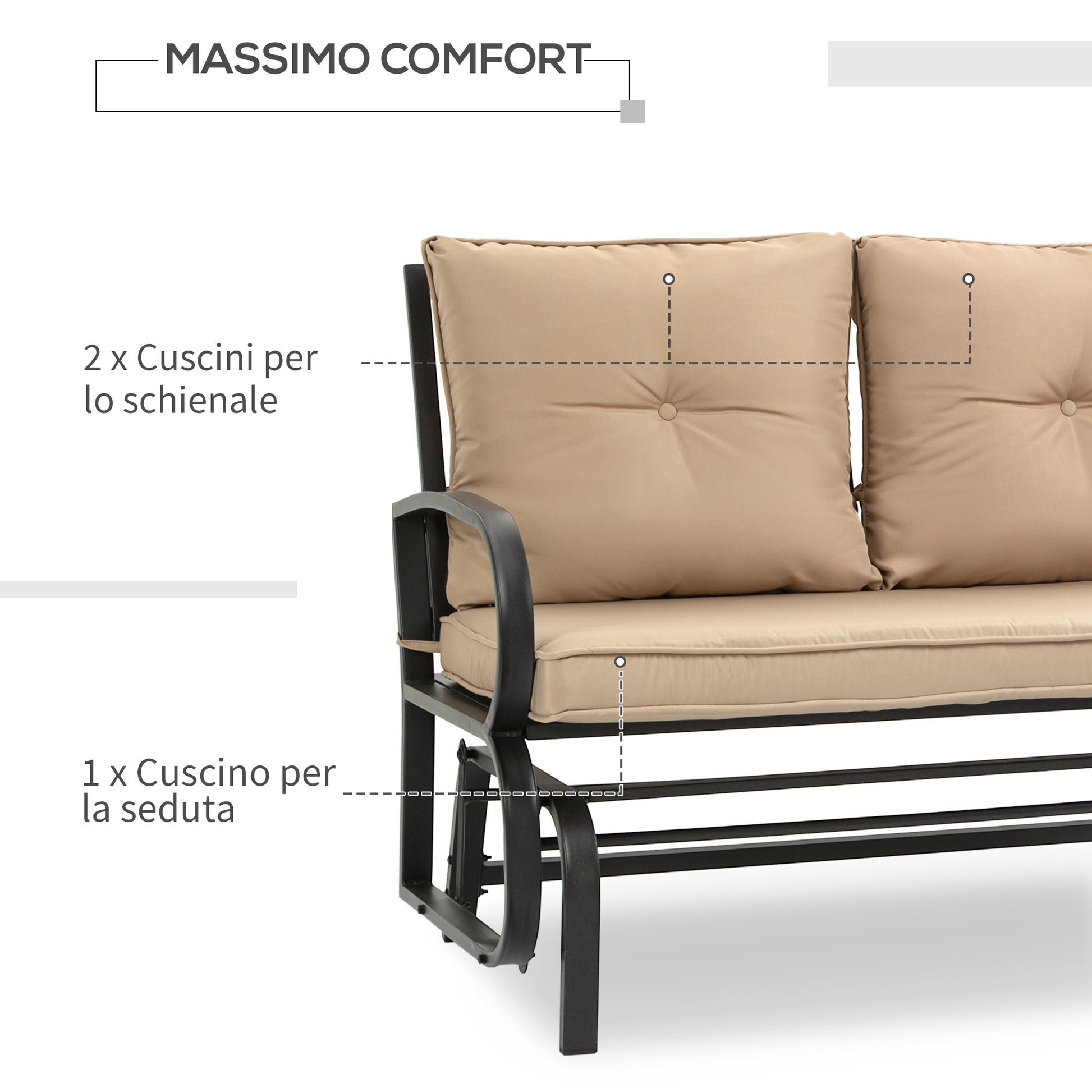 Double Garden Rocking Bench for 2 People with Padded Seat and Back Cushions, 122x70x87cm, Khaki