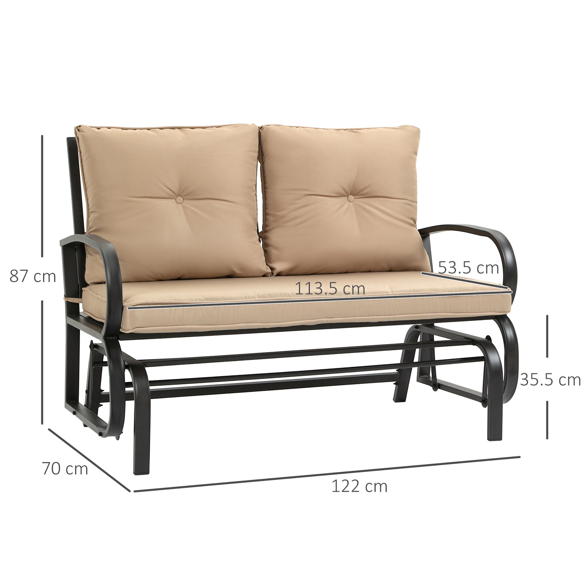 Double Garden Rocking Bench for 2 People with Padded Seat and Back Cushions, 122x70x87cm, Khaki