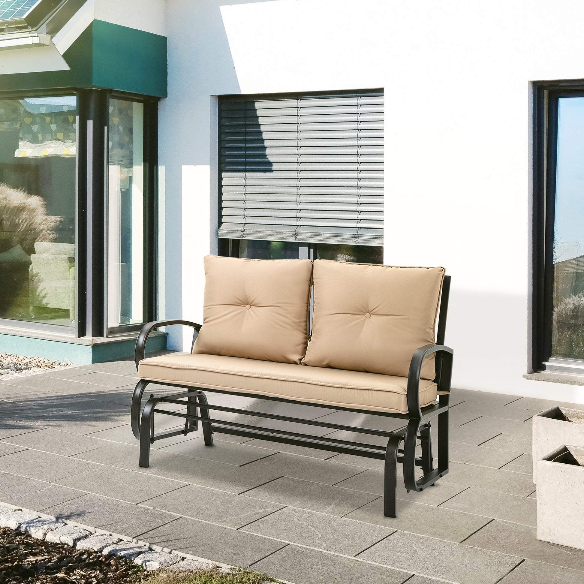 Double Garden Rocking Bench for 2 People with Padded Seat and Back Cushions, 122x70x87cm, Khaki
