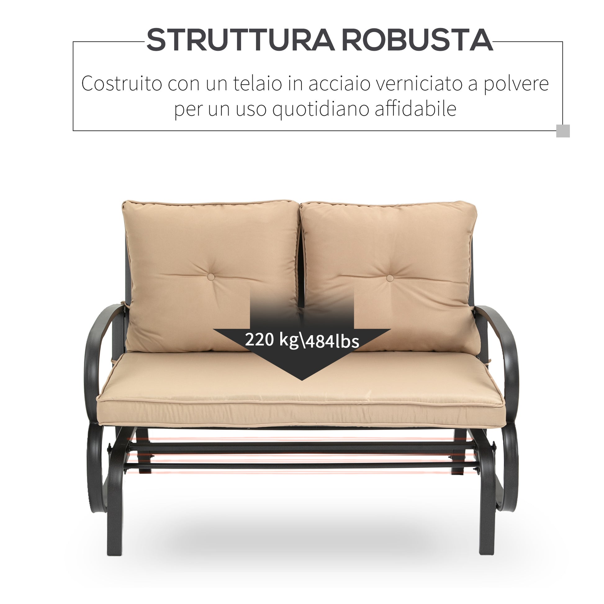 Double Garden Rocking Bench for 2 People with Padded Seat and Back Cushions, 122x70x87cm, Khaki