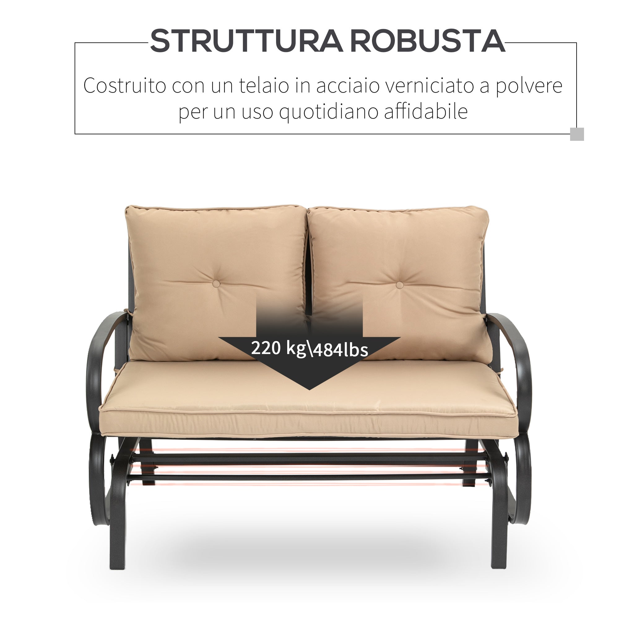 Double Garden Rocking Bench for 2 People with Padded Seat and Back Cushions, 122x70x87cm, Khaki