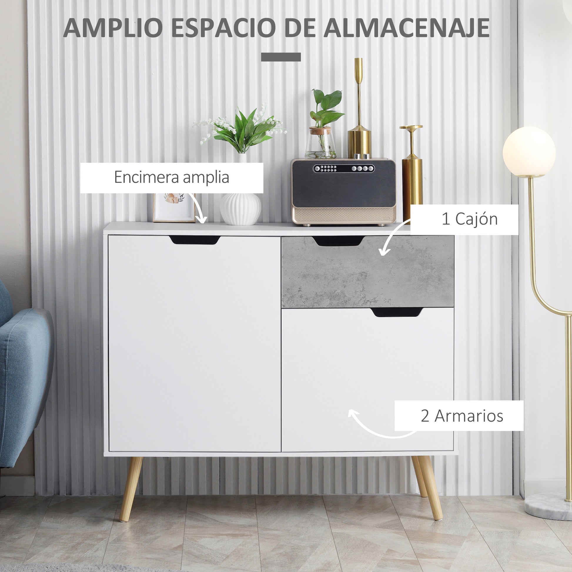 Kitchen Sideboard Buffet Cabinet with 2 Doors 1 Drawer Storage Cabinet for Living Room Office Bedroom Modern Style 98x39x81.5 cm White