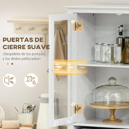 Kitchen Pantry Cabinet Display Case with 4 Tempered Glass Doors Drawer and Adjustable Shelves for Living Room Dining Room 74x35.5x181.5 cm White