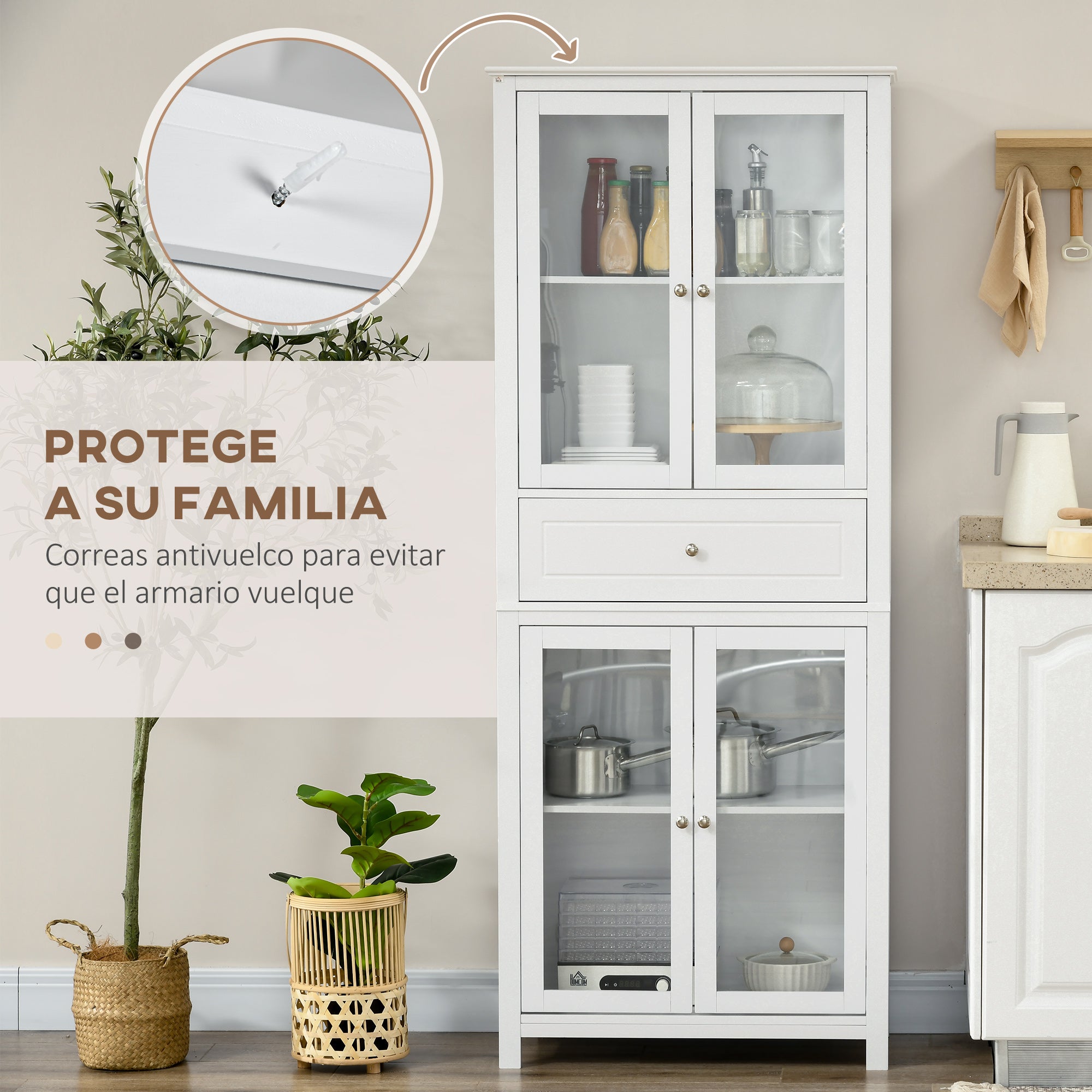 Kitchen Pantry Cabinet Display Case with 4 Tempered Glass Doors Drawer and Adjustable Shelves for Living Room Dining Room 74x35.5x181.5 cm White