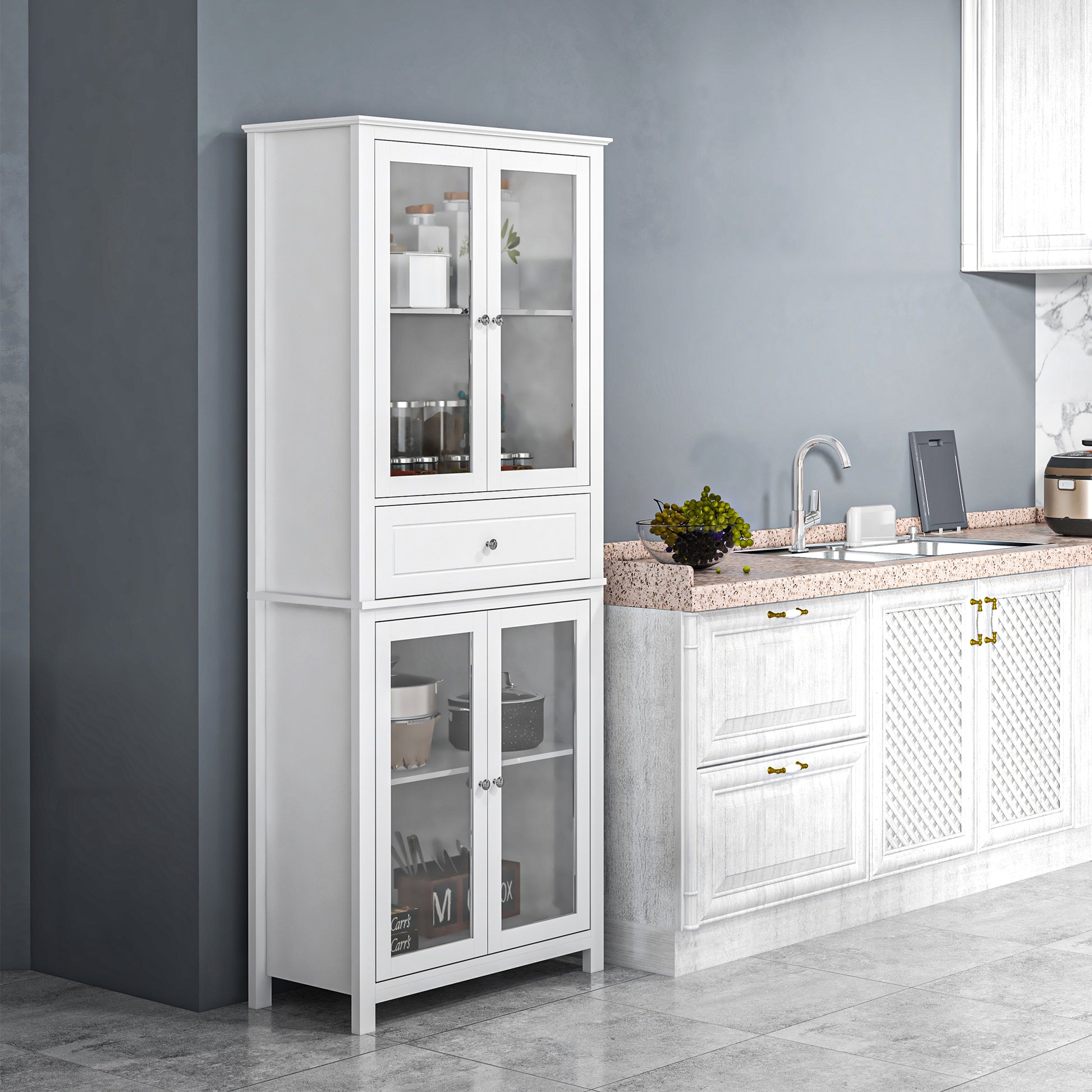 Kitchen Pantry Cabinet Display Case with 4 Tempered Glass Doors Drawer and Adjustable Shelves for Living Room Dining Room 74x35.5x181.5 cm White