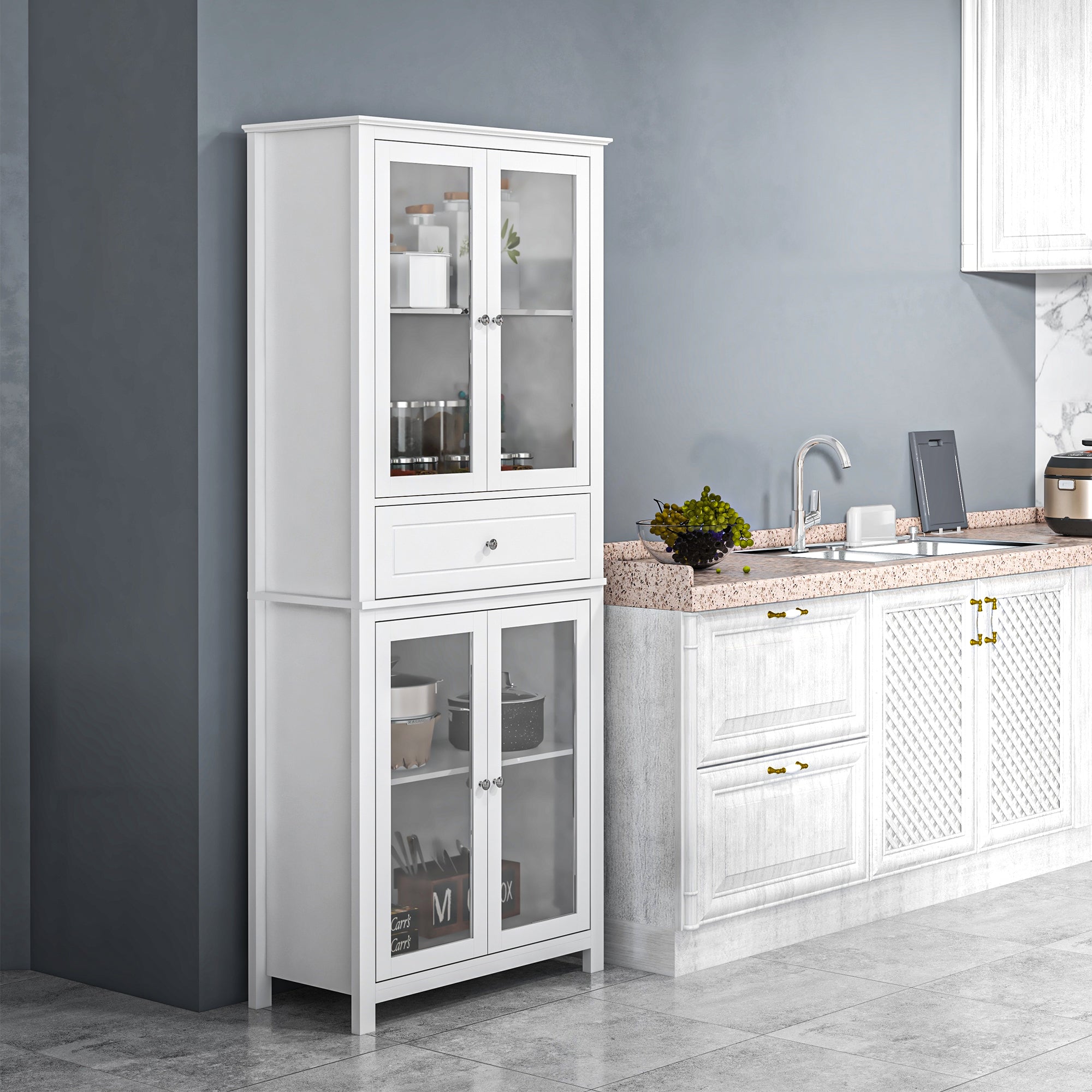 Kitchen Pantry Cabinet Display Case with 4 Tempered Glass Doors Drawer and Adjustable Shelves for Living Room Dining Room 74x35.5x181.5 cm White