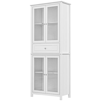 Kitchen Pantry Cabinet Display Case with 4 Tempered Glass Doors Drawer and Adjustable Shelves for Living Room Dining Room 74x35.5x181.5 cm White