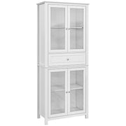 Kitchen Pantry Cabinet Display Case with 4 Tempered Glass Doors Drawer and Adjustable Shelves for Living Room Dining Room 74x35.5x181.5 cm White