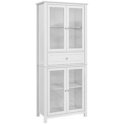 Kitchen Pantry Cabinet Display Case with 4 Tempered Glass Doors Drawer and Adjustable Shelves for Living Room Dining Room 74x35.5x181.5 cm White