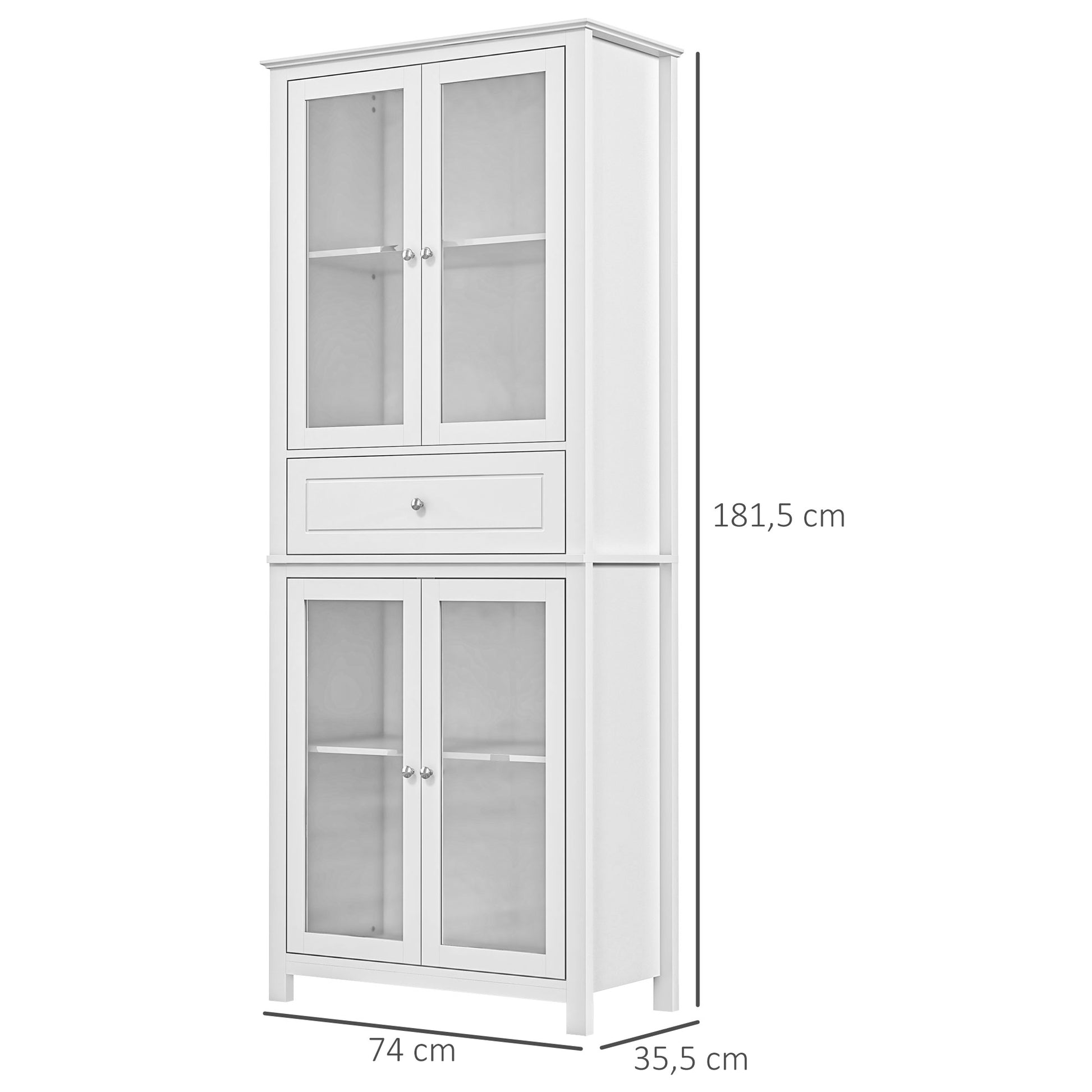 Kitchen Pantry Cabinet Display Case with 4 Tempered Glass Doors Drawer and Adjustable Shelves for Living Room Dining Room 74x35.5x181.5 cm White