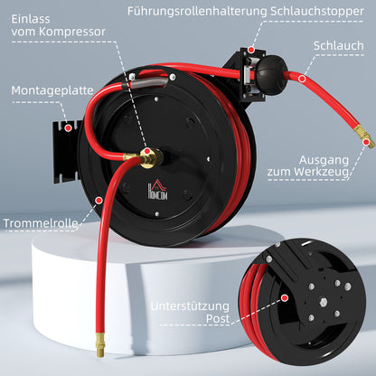 15m+1m Retractable Air Hose Reel with 1/4" Fitting, 9.5 x 15.8 mm, Max 20 bar, Hose Brake, Wall Mount