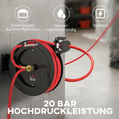 15m+1m Retractable Air Hose Reel with 1/4" Fitting, 9.5 x 15.8 mm, Max 20 bar, Hose Brake, Wall Mount