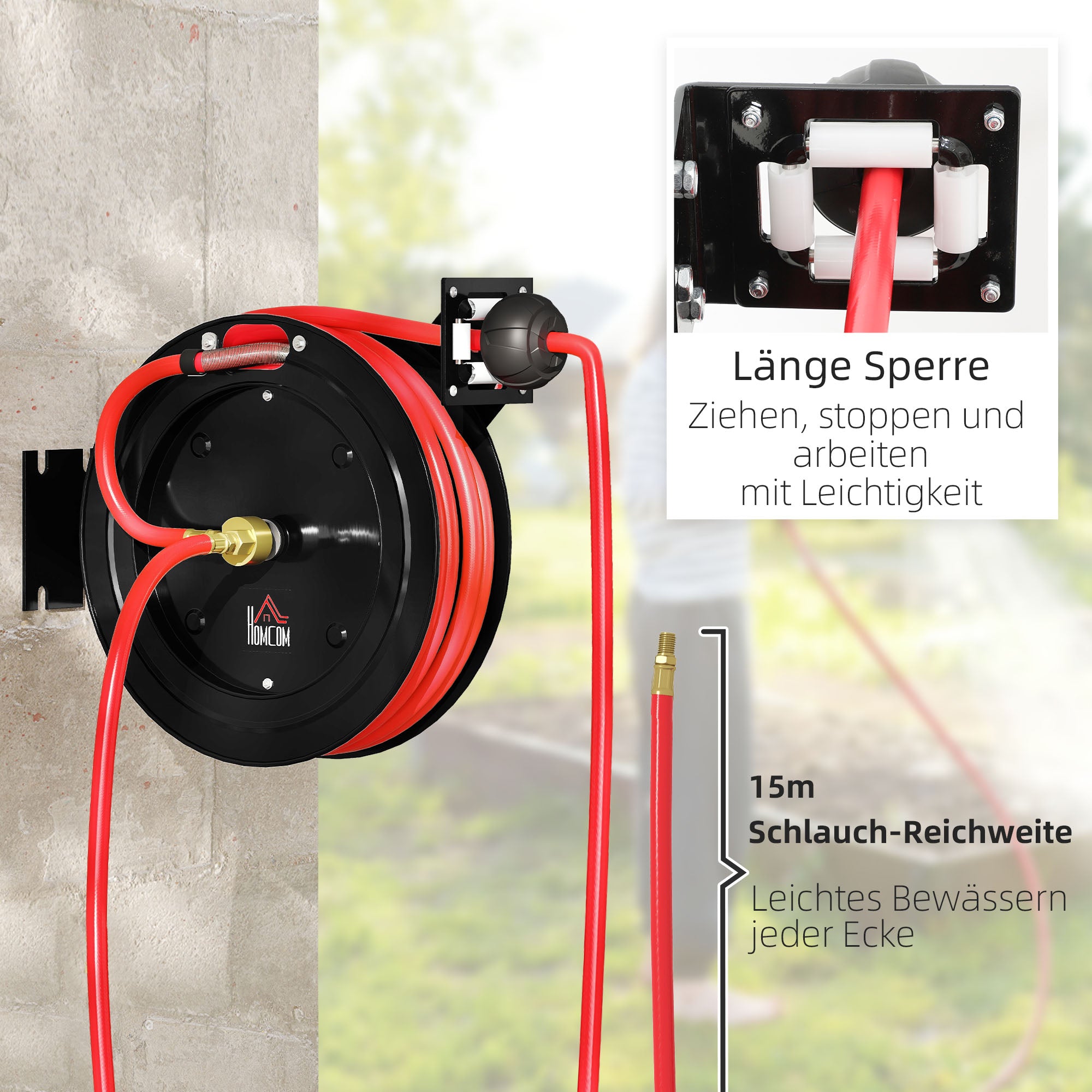 15m+1m Retractable Air Hose Reel with 1/4" Fitting, 9.5 x 15.8 mm, Max 20 bar, Hose Brake, Wall Mount