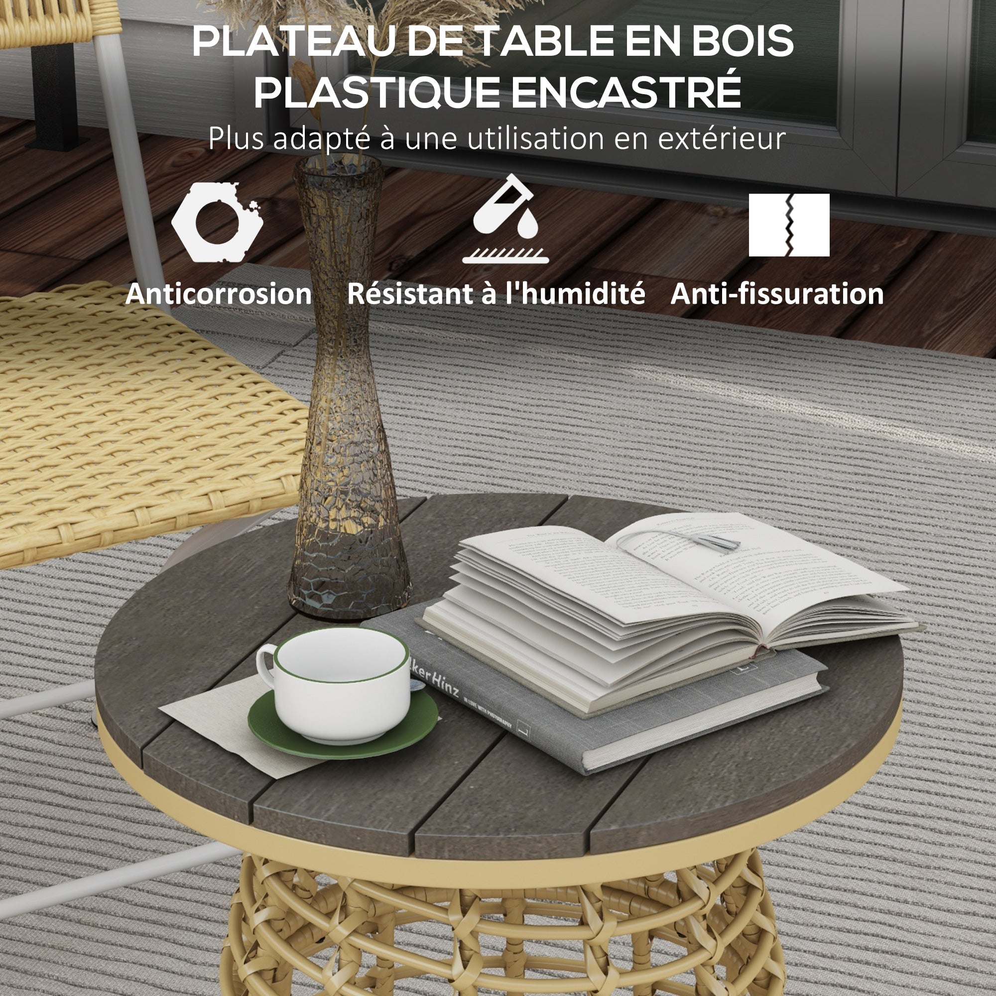 Garden Coffee Table, Outdoor Round Resin Rattan-Look Metal Side Table with Composite Top, Ø 45 x 50 cm Natural