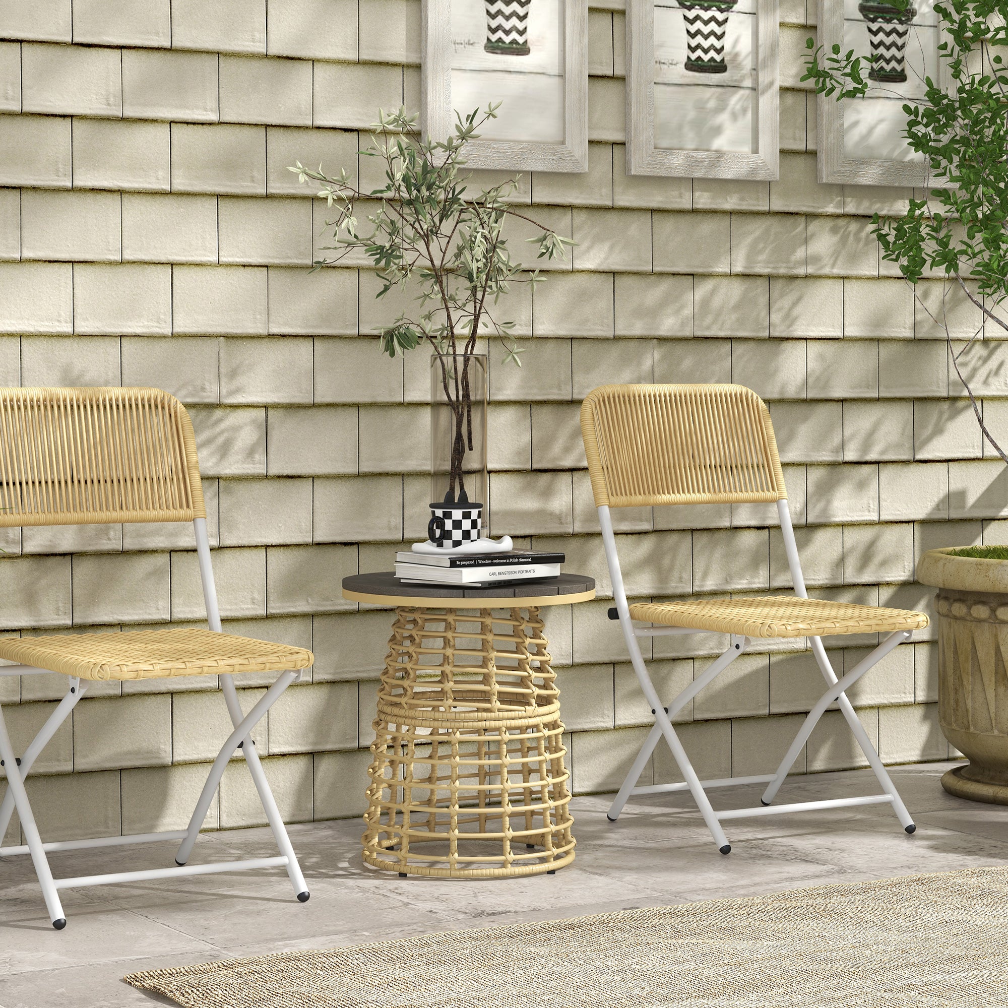 Garden Coffee Table, Outdoor Round Resin Rattan-Look Metal Side Table with Composite Top, Ø 45 x 50 cm Natural