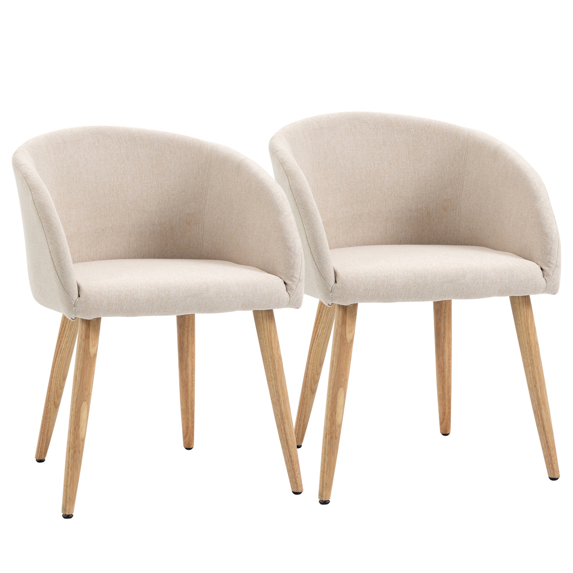 Set of 2 dining chairs kitchen chair Scandinavian Design - Tapered Inclined Rubber Wood Legs - Seat Backrest Armrests Ergonomic Linen Aspect Beige
