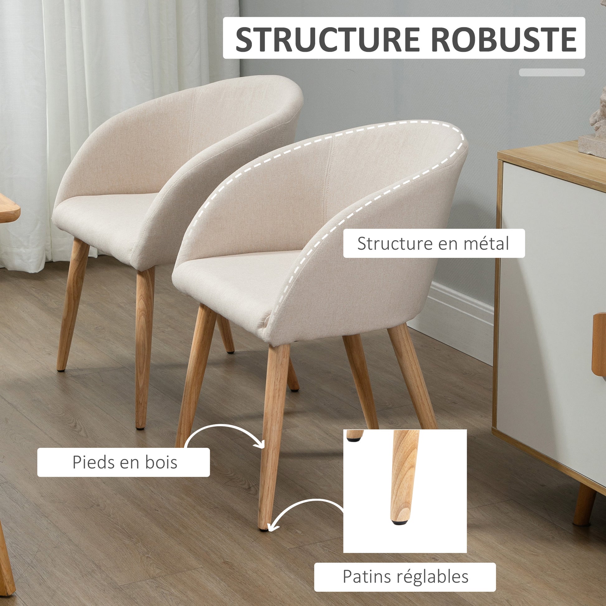 Set of 2 dining chairs kitchen chair Scandinavian Design - Tapered Inclined Rubber Wood Legs - Seat Backrest Armrests Ergonomic Linen Aspect Beige