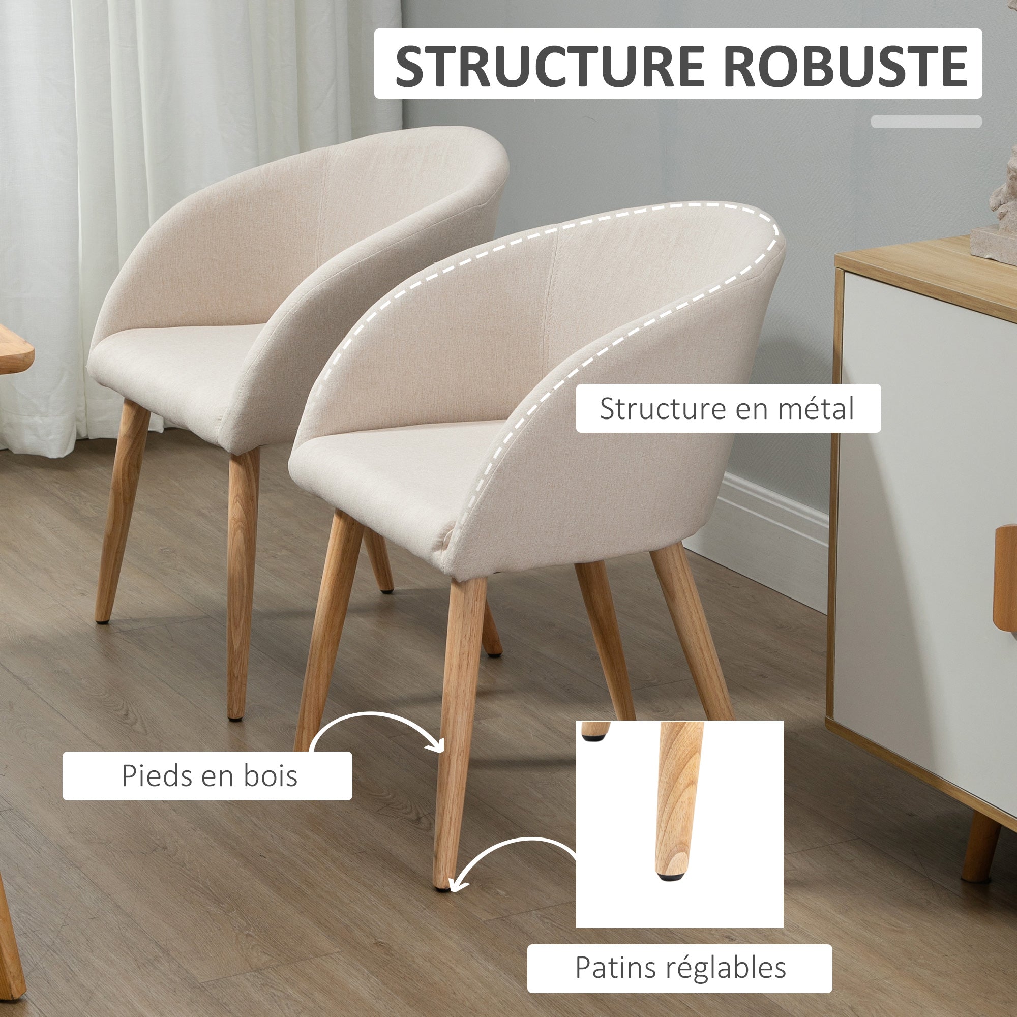 Set of 2 dining chairs kitchen chair Scandinavian Design - Tapered Inclined Rubber Wood Legs - Seat Backrest Armrests Ergonomic Linen Aspect Beige