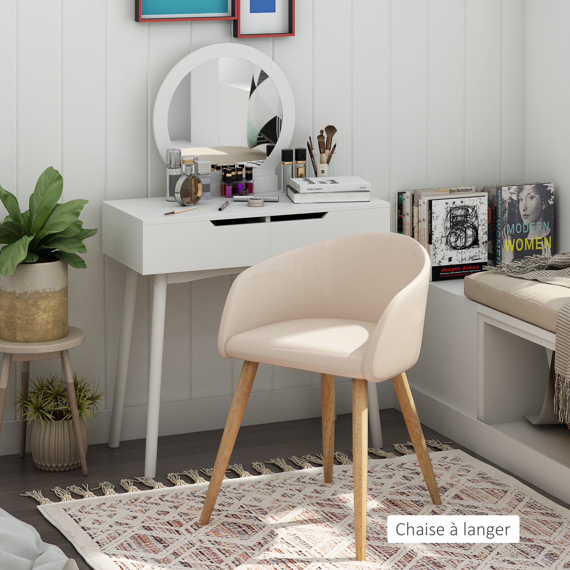 Set of 2 dining chairs kitchen chair Scandinavian Design - Tapered Inclined Rubber Wood Legs - Seat Backrest Armrests Ergonomic Linen Aspect Beige