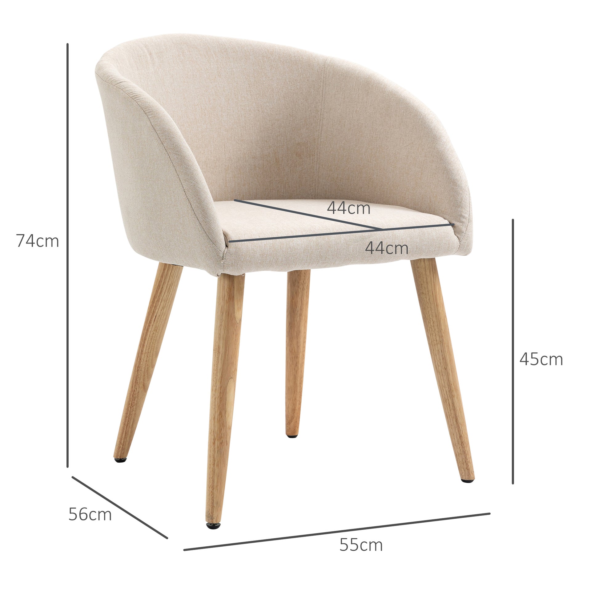 Set of 2 dining chairs kitchen chair Scandinavian Design - Tapered Inclined Rubber Wood Legs - Seat Backrest Armrests Ergonomic Linen Aspect Beige