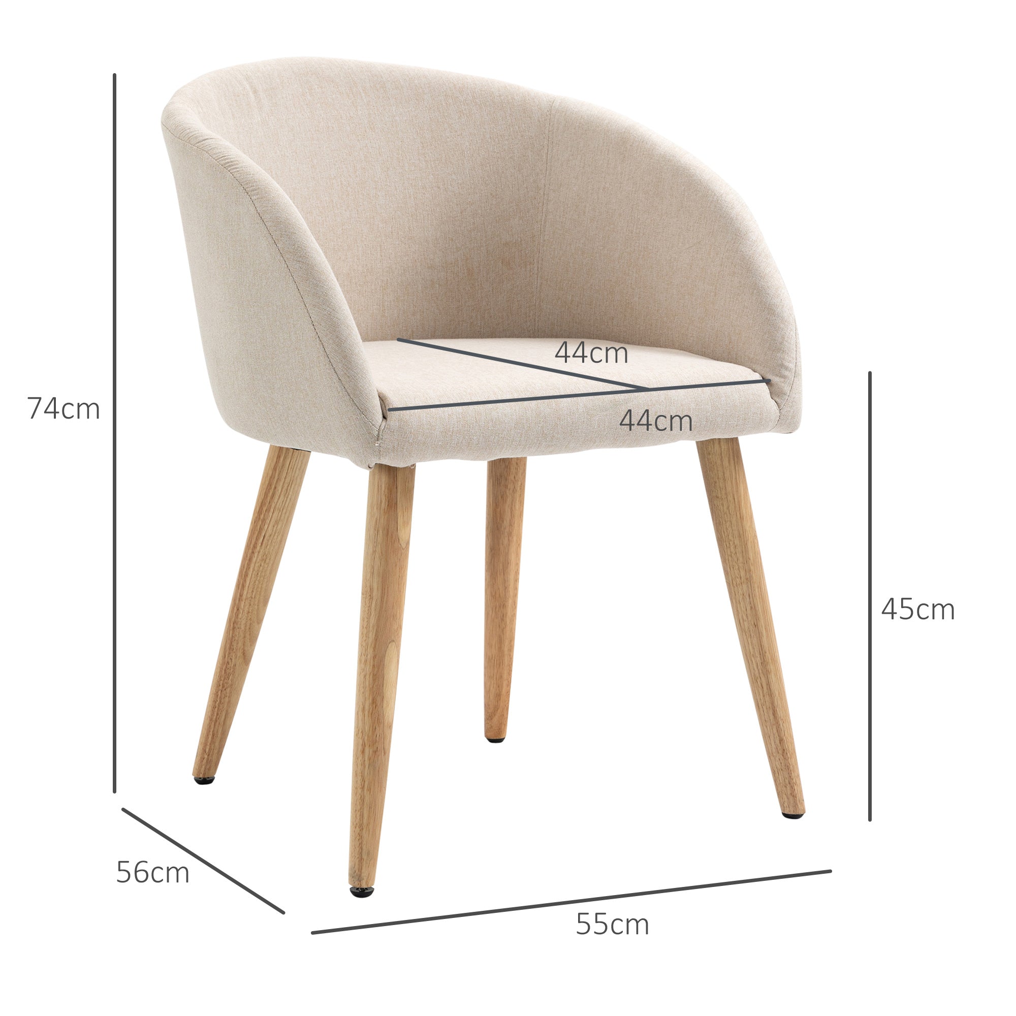 Set of 2 dining chairs kitchen chair Scandinavian Design - Tapered Inclined Rubber Wood Legs - Seat Backrest Armrests Ergonomic Linen Aspect Beige