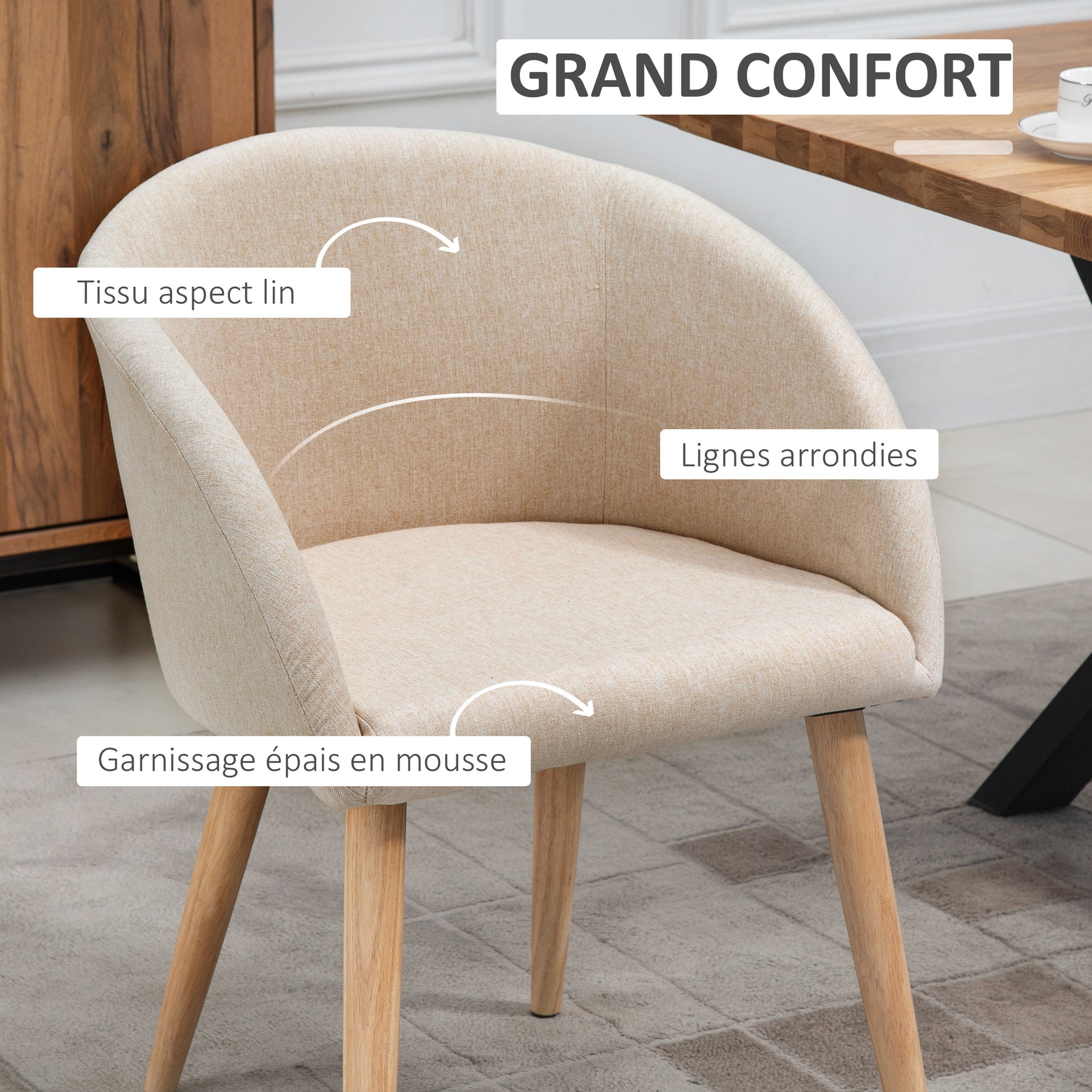 Set of 2 dining chairs kitchen chair Scandinavian Design - Tapered Inclined Rubber Wood Legs - Seat Backrest Armrests Ergonomic Linen Aspect Beige