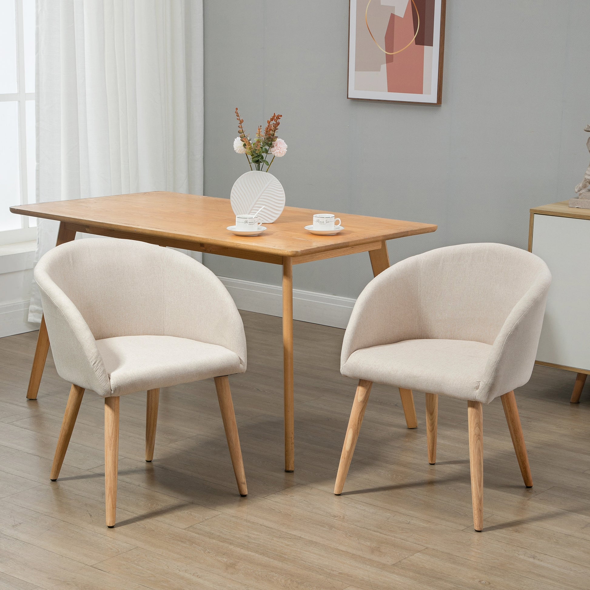Set of 2 dining chairs kitchen chair Scandinavian Design - Tapered Inclined Rubber Wood Legs - Seat Backrest Armrests Ergonomic Linen Aspect Beige