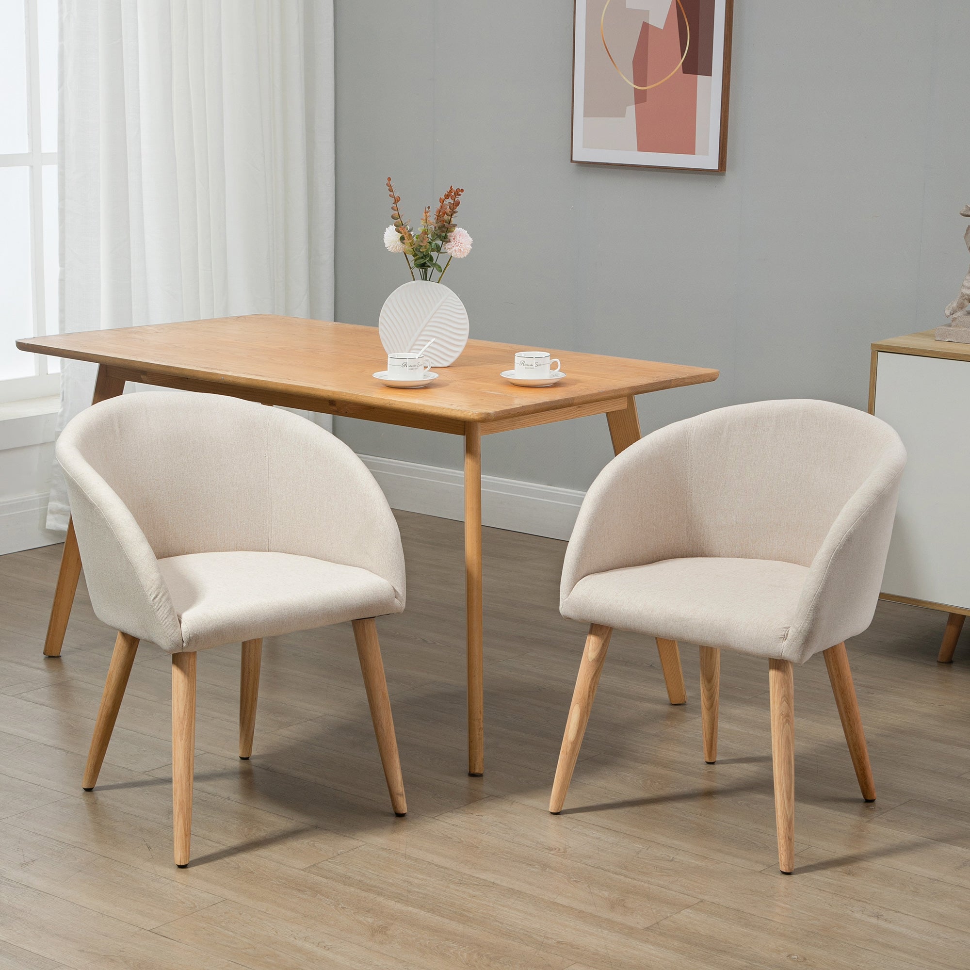Set of 2 dining chairs kitchen chair Scandinavian Design - Tapered Inclined Rubber Wood Legs - Seat Backrest Armrests Ergonomic Linen Aspect Beige