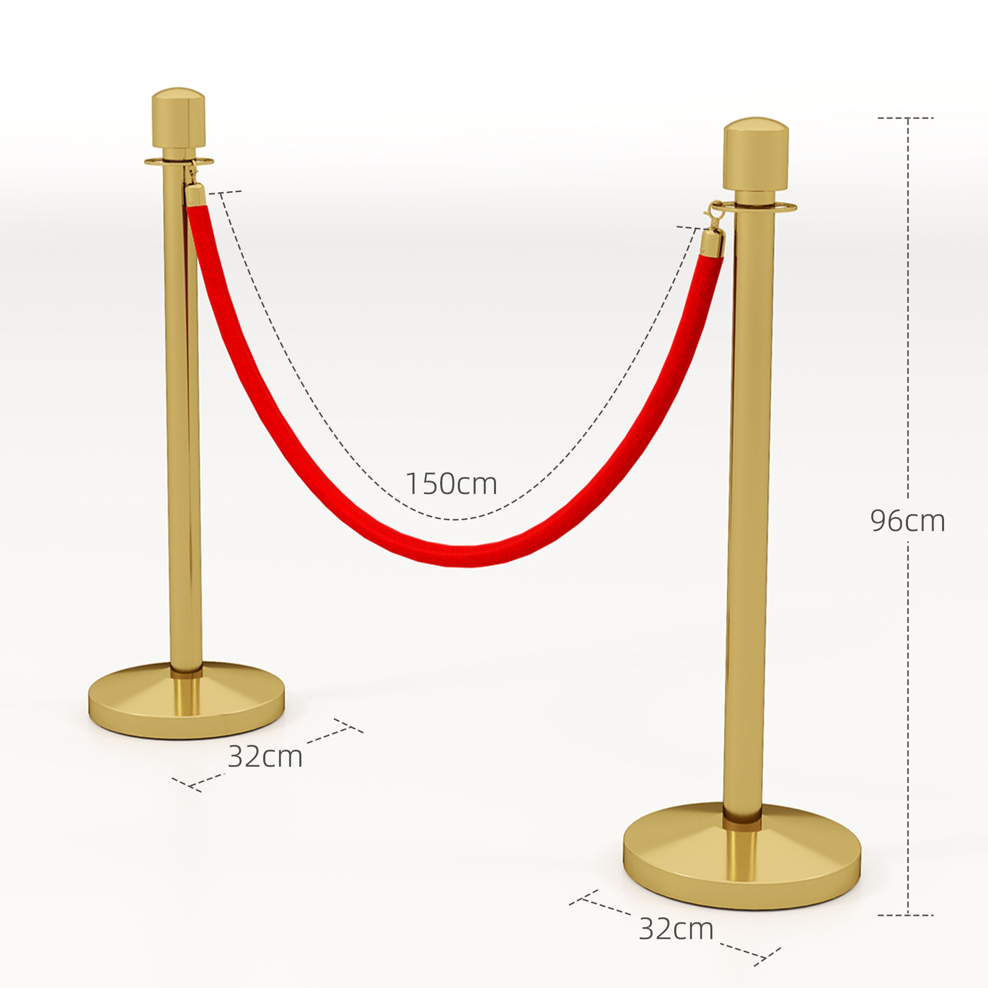 Velvet Rope Stanchions with Fillable Base, Stainless Steel Poles, Ø32x96 cm, Gold and Red
