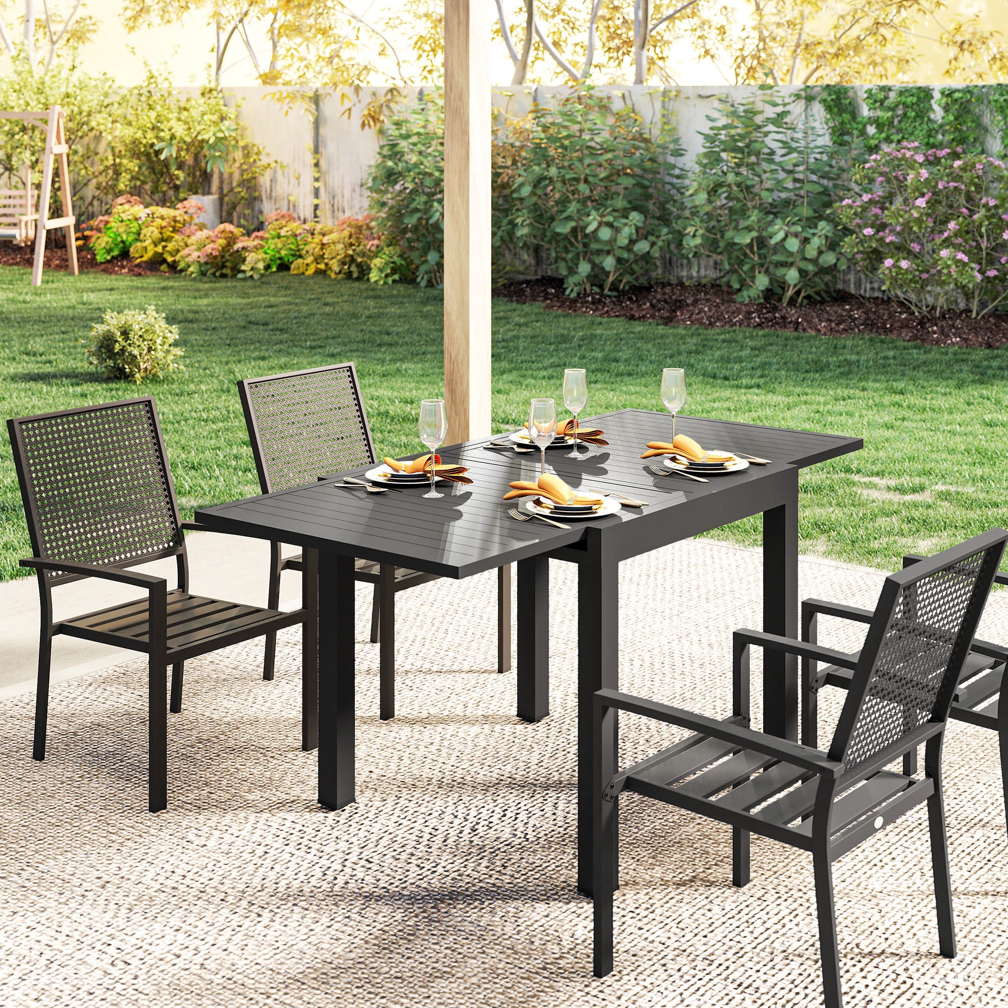 Extendable Outdoor Dining Table for 4–6, 31.5/63 x 31.5 in (80/160 x 80 cm) — Black Powder-Coated Aluminum Slatted Top