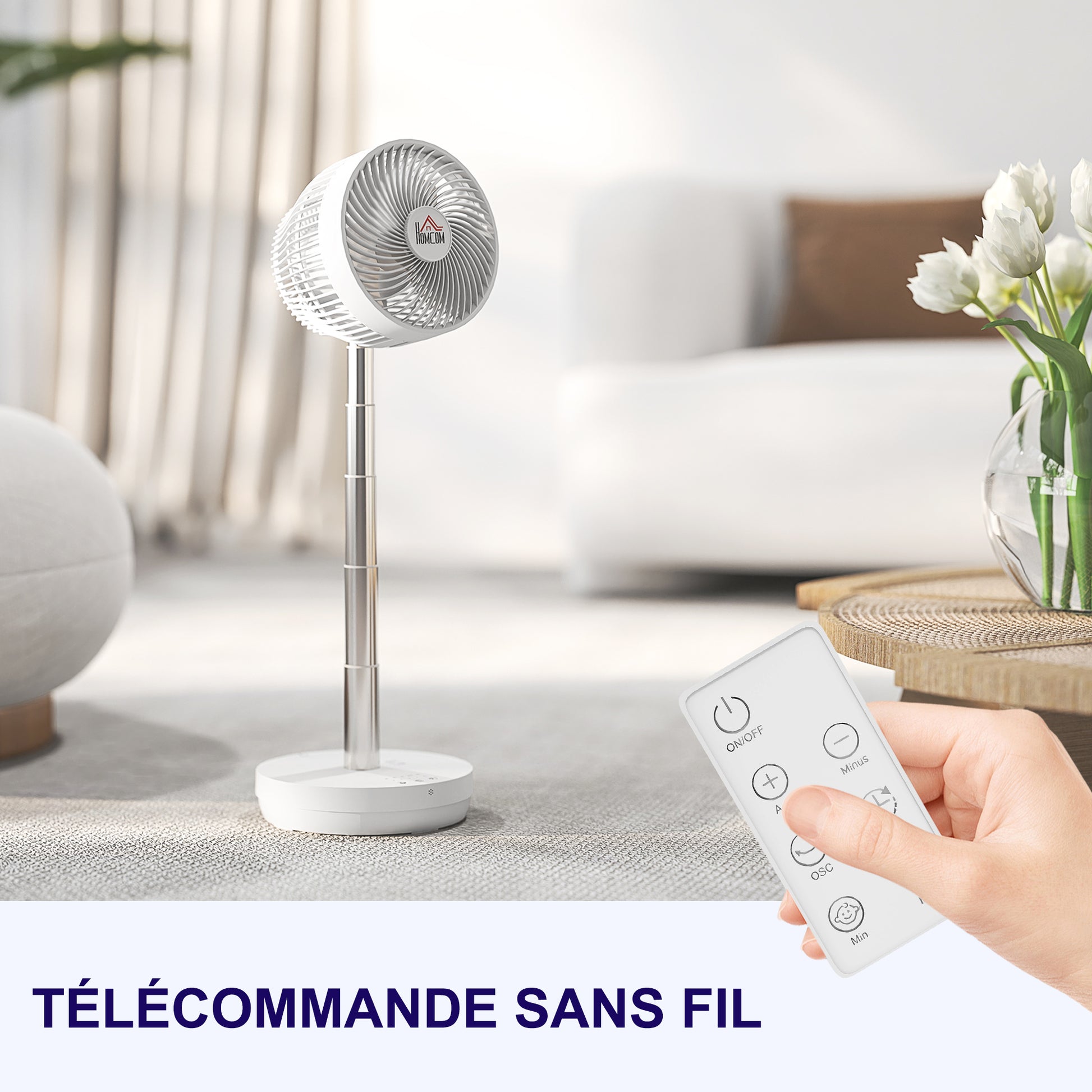Portable Table Fan with Remote Control and 3600mAh Rechargeable Battery USB Powered Stand Fan Adjustable Tilt and Height Oscillating 10 Speeds Timer White