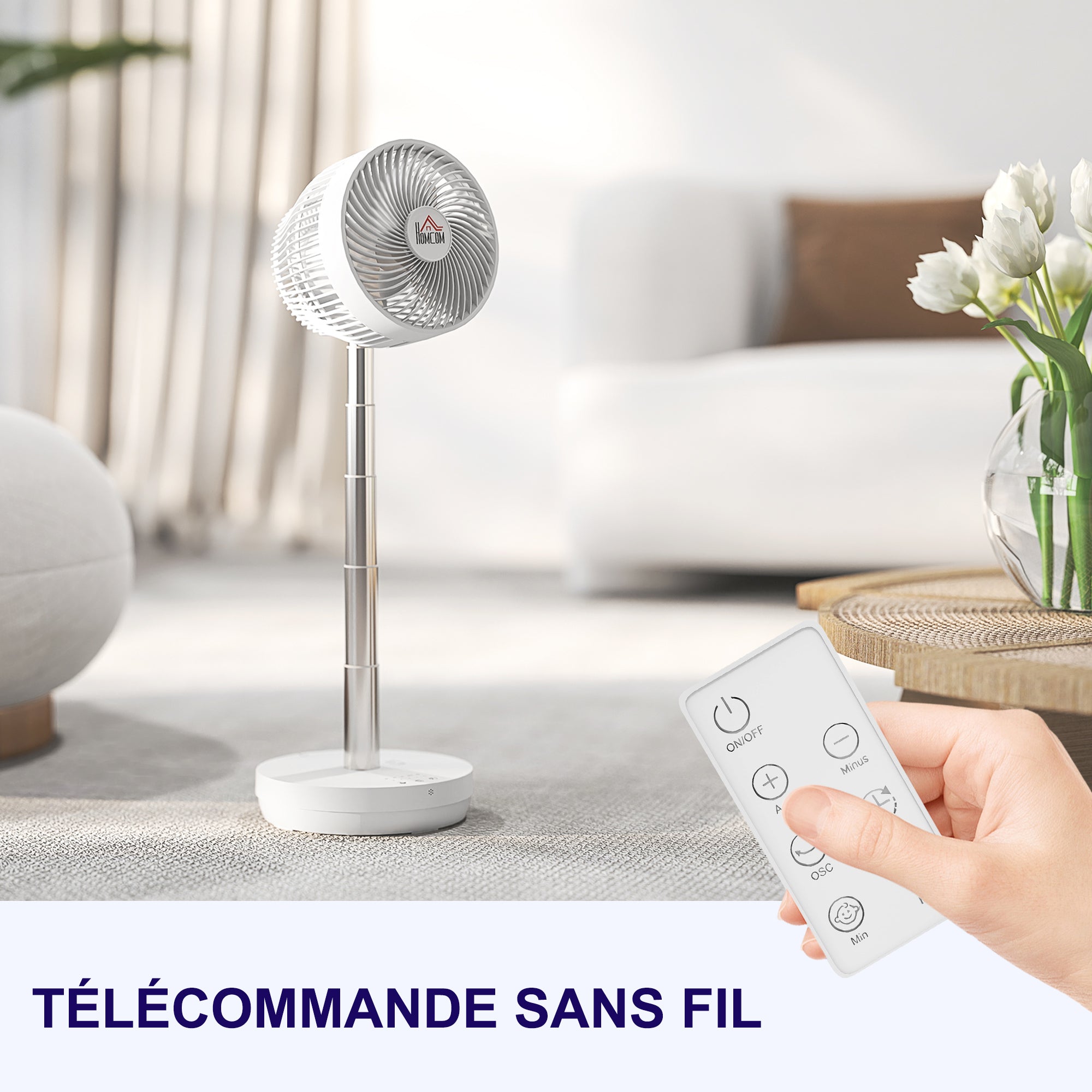 Portable Table Fan with Remote Control and 3600mAh Rechargeable Battery USB Powered Stand Fan Adjustable Tilt and Height Oscillating 10 Speeds Timer White
