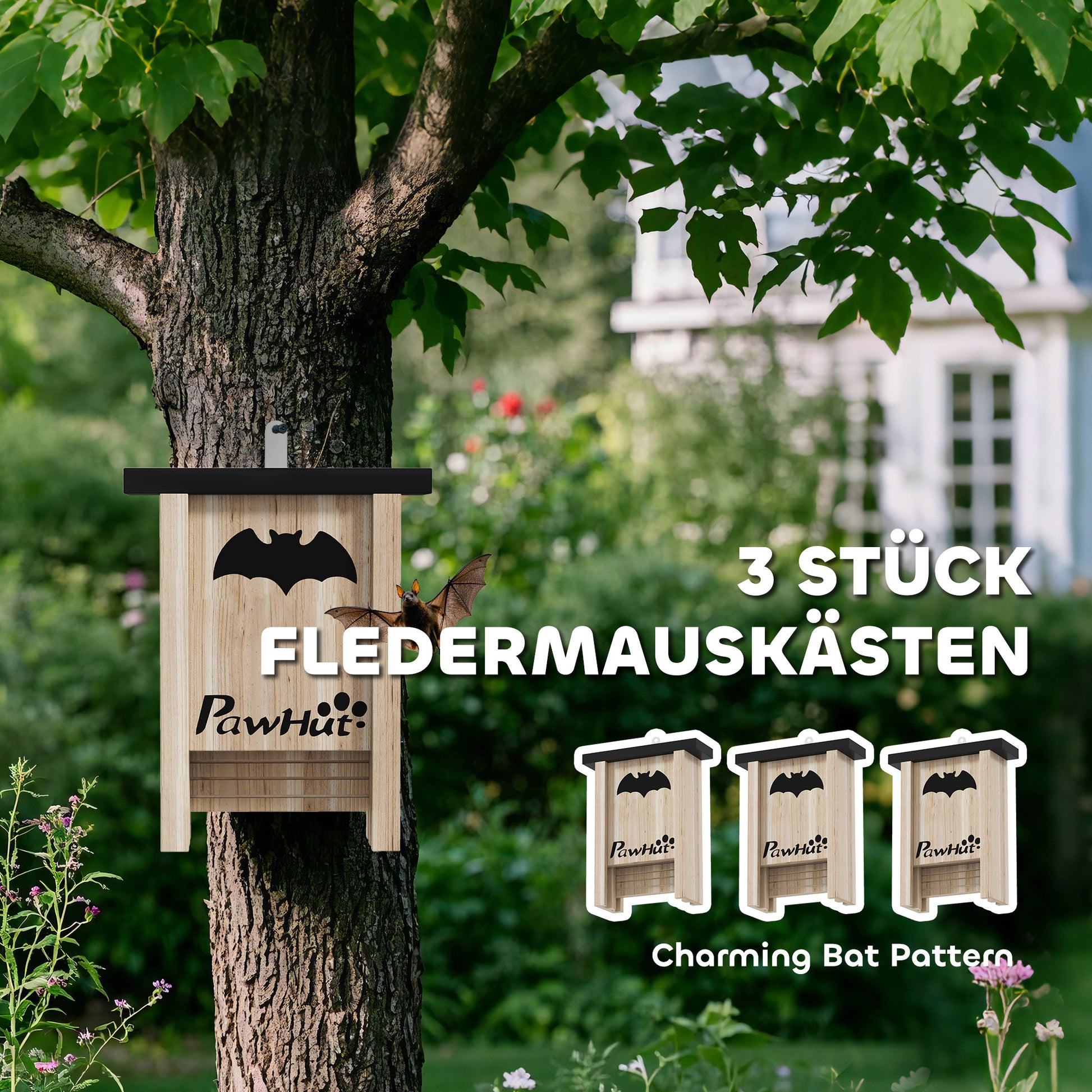 Bat Box 3-pack, Bat House, Bat Nesting Box, Bat Box for Hanging in Gardens, Orchards, Farms, Natural Fir Wood, 18 x 6 x 22.5 cm, Natural