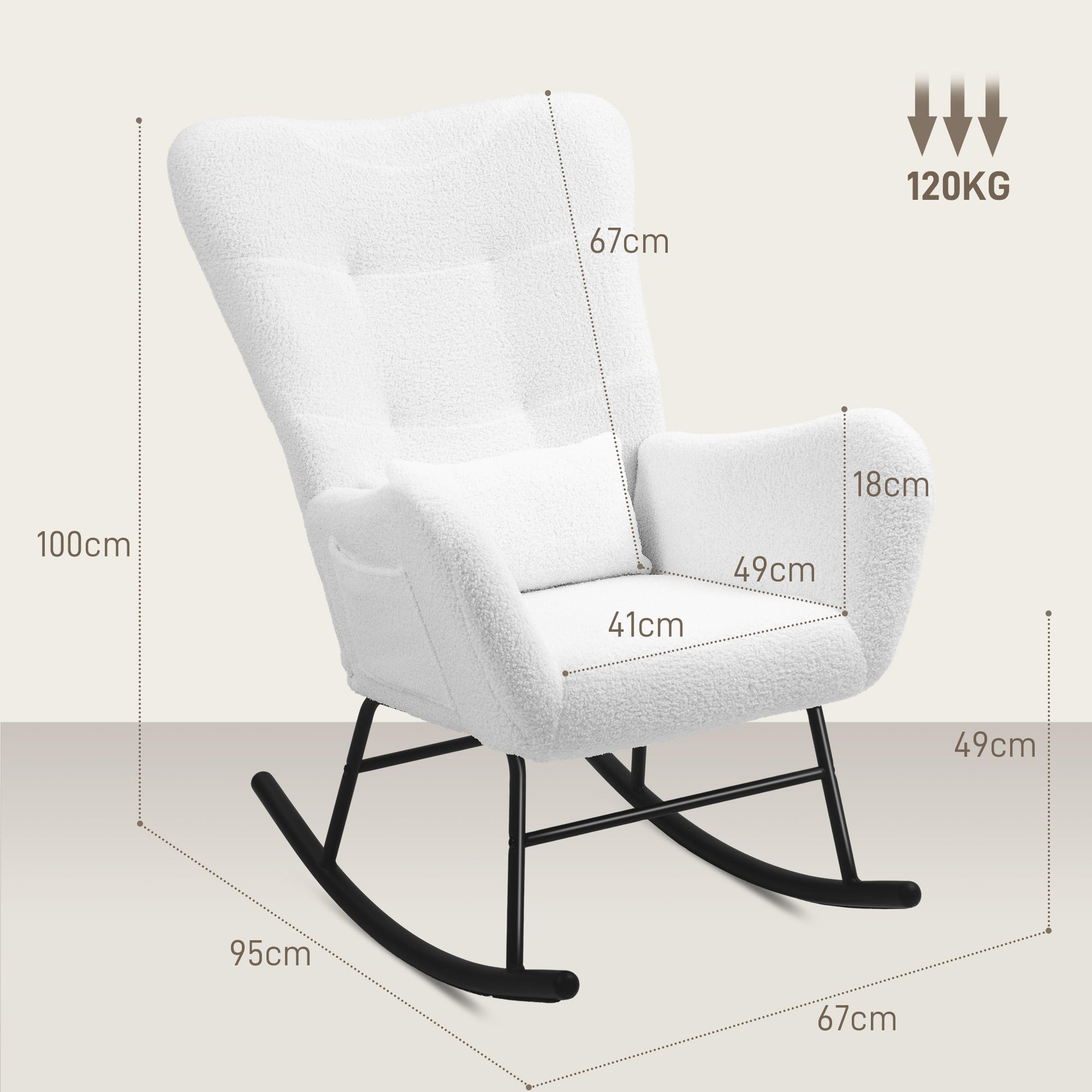 Rocking Chair, Rocking Chair with Teddy Fabric Look, Armrest, Nursing Chair with Metal Runners, Lumbar Cushion, Relaxing Chair with Side Pocket for Living Room, Bedroom, White