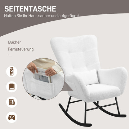 Rocking Chair, Rocking Chair with Teddy Fabric Look, Armrest, Nursing Chair with Metal Runners, Lumbar Cushion, Relaxing Chair with Side Pocket for Living Room, Bedroom, White