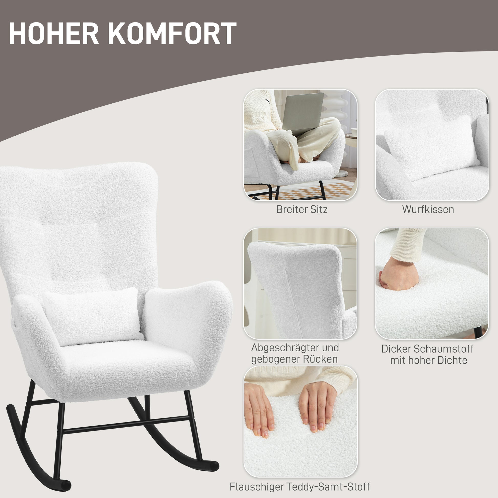 Rocking Chair, Rocking Chair with Teddy Fabric Look, Armrest, Nursing Chair with Metal Runners, Lumbar Cushion, Relaxing Chair with Side Pocket for Living Room, Bedroom, White