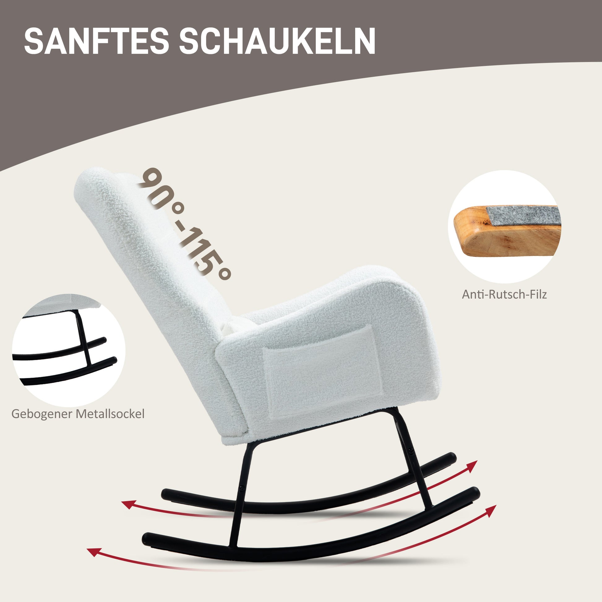 Rocking Chair, Rocking Chair with Teddy Fabric Look, Armrest, Nursing Chair with Metal Runners, Lumbar Cushion, Relaxing Chair with Side Pocket for Living Room, Bedroom, White