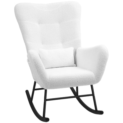 Rocking Chair, Rocking Chair with Teddy Fabric Look, Armrest, Nursing Chair with Metal Runners, Lumbar Cushion, Relaxing Chair with Side Pocket for Living Room, Bedroom, White