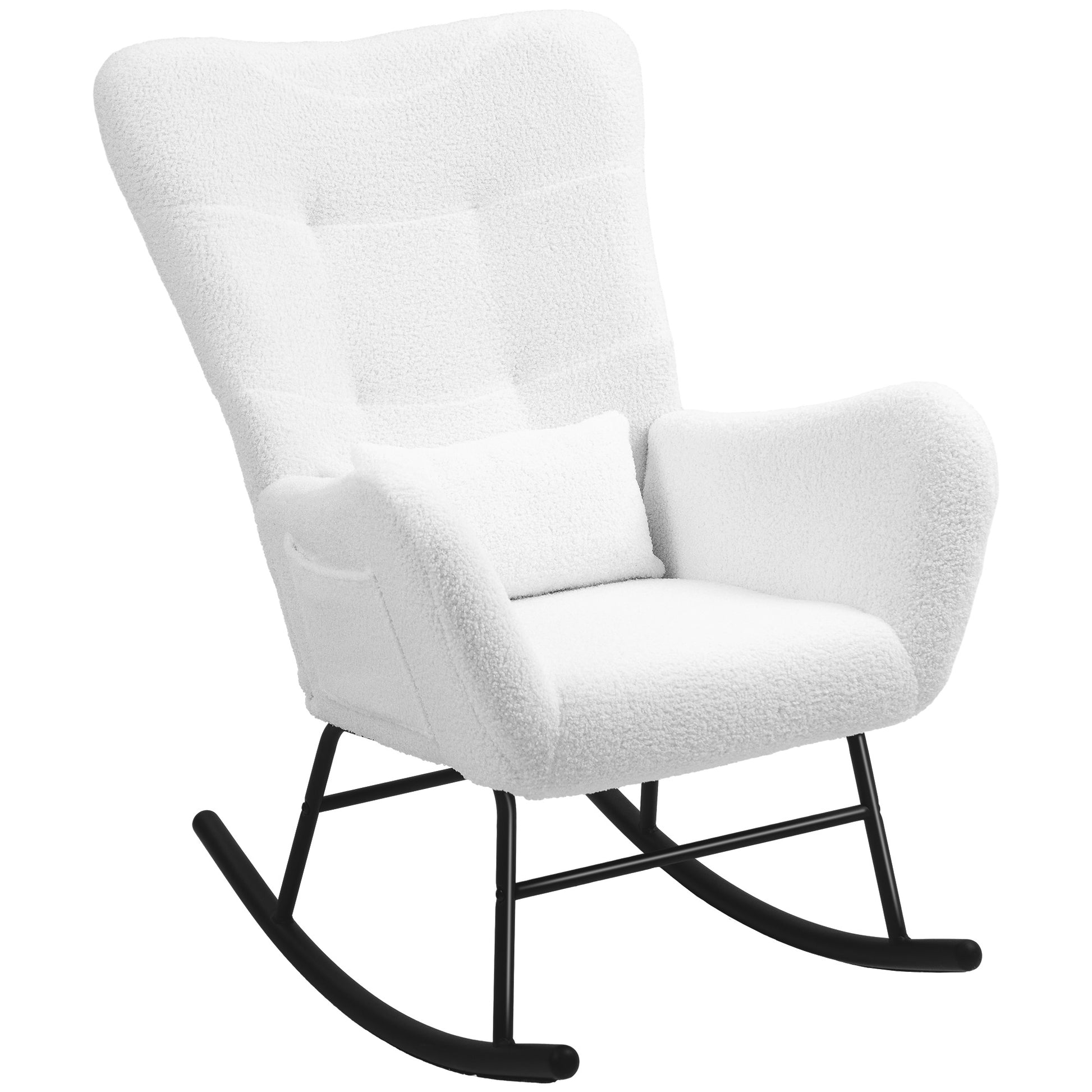 Rocking Chair, Rocking Chair with Teddy Fabric Look, Armrest, Nursing Chair with Metal Runners, Lumbar Cushion, Relaxing Chair with Side Pocket for Living Room, Bedroom, White
