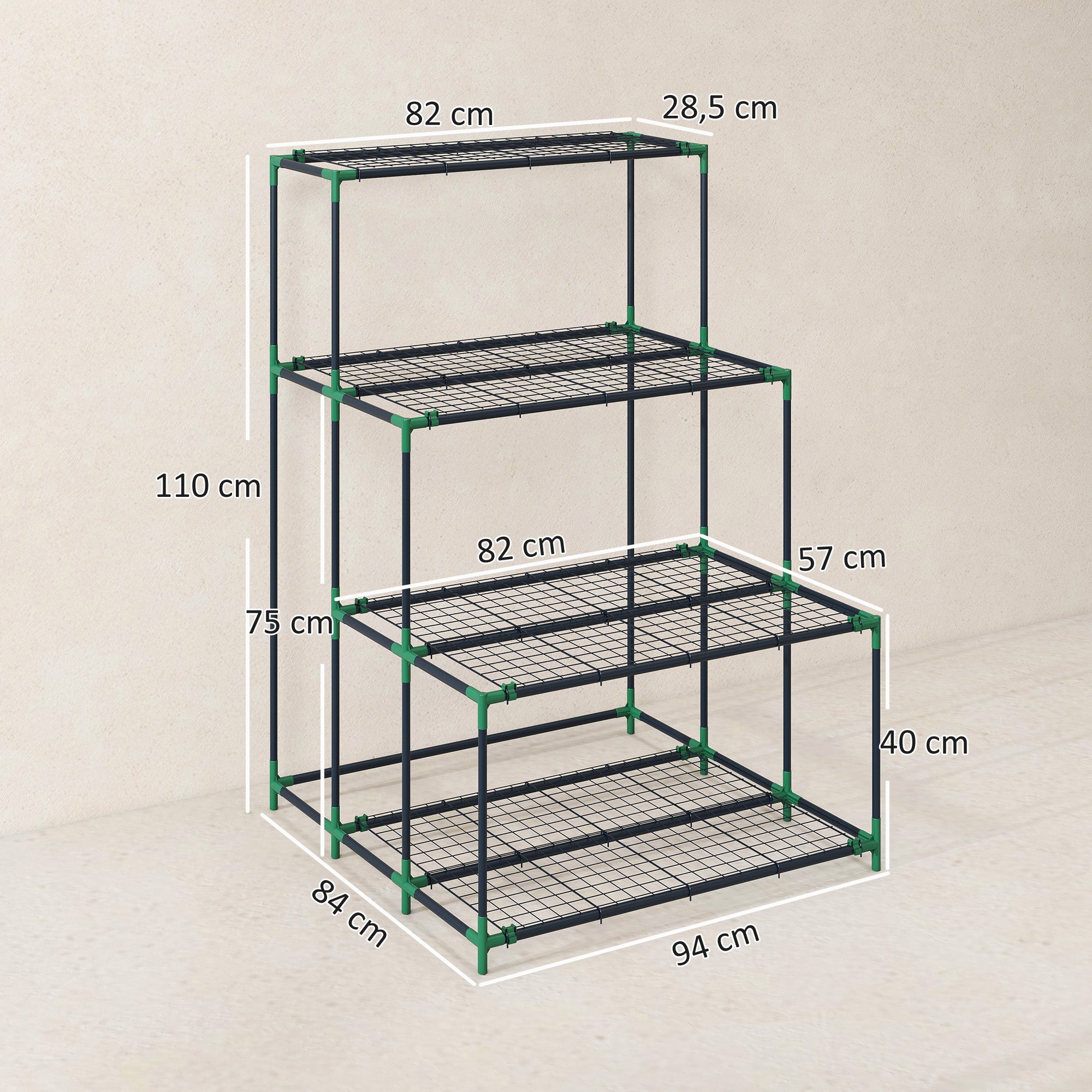 4-Tier Plant Stand, 43.3 in Tall Flower Rack with 24 Clips, Steel Multi-Level Plant Shelf for Garden & Balcony, Dark Green