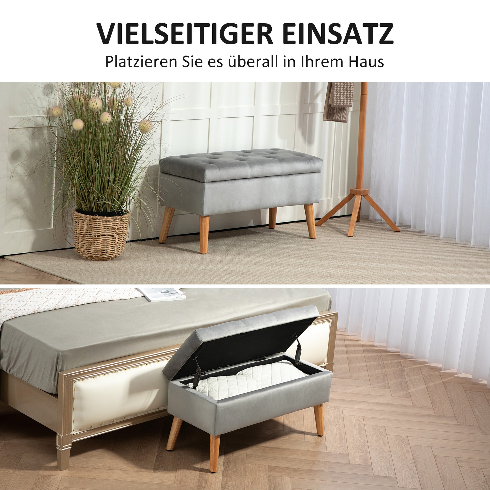 Storage Bench with Padded Seat, Ottoman with Lid, Bed Bench with Velvet Look, for Hallway Bedroom Living Room, Rubberwood 80 x 35 x 40 cm Gray