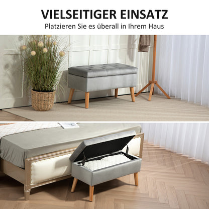 Storage Bench with Padded Seat, Ottoman with Lid, Bed Bench with Velvet Look, for Hallway Bedroom Living Room, Rubberwood 80 x 35 x 40 cm Gray