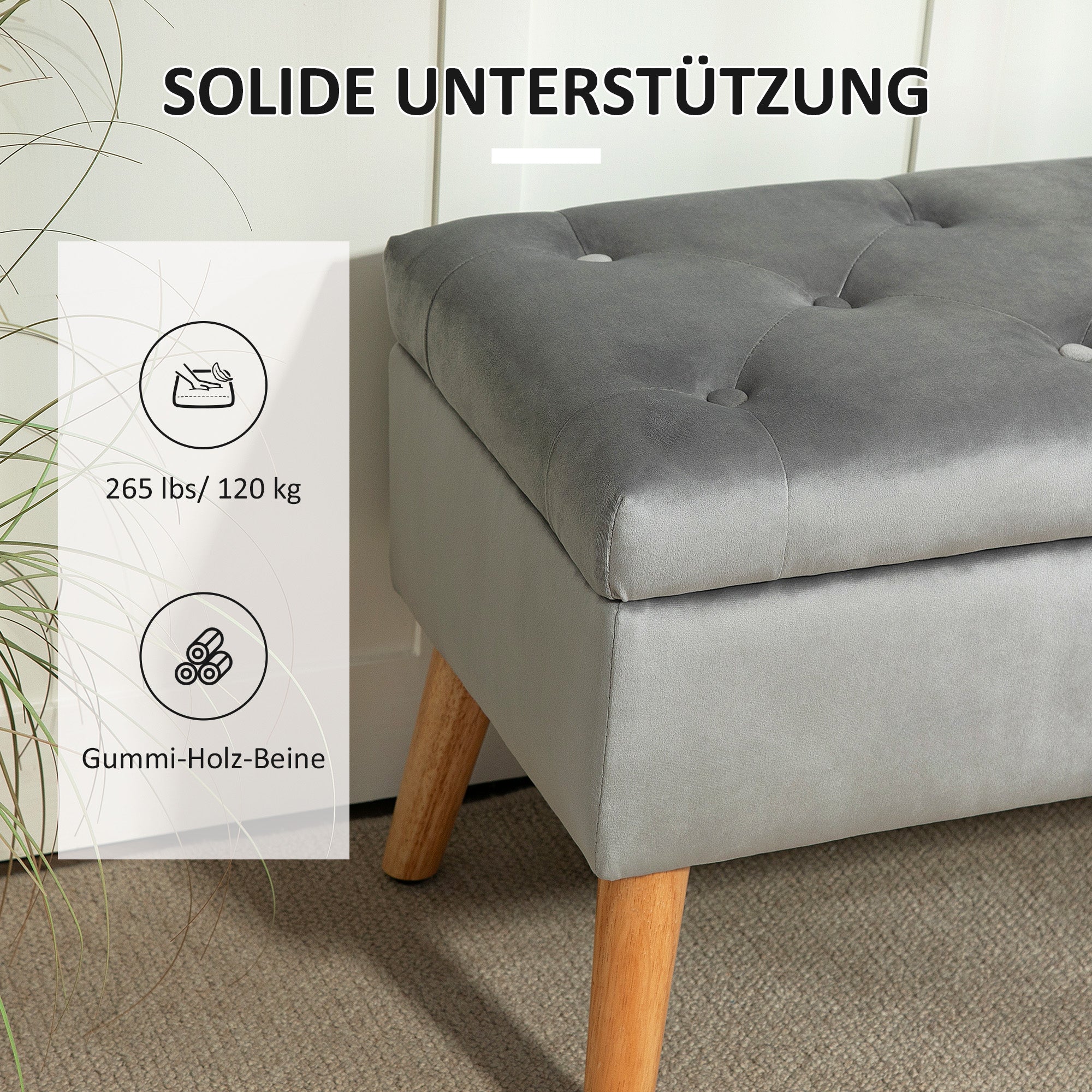 Storage Bench with Padded Seat, Ottoman with Lid, Bed Bench with Velvet Look, for Hallway Bedroom Living Room, Rubberwood 80 x 35 x 40 cm Gray