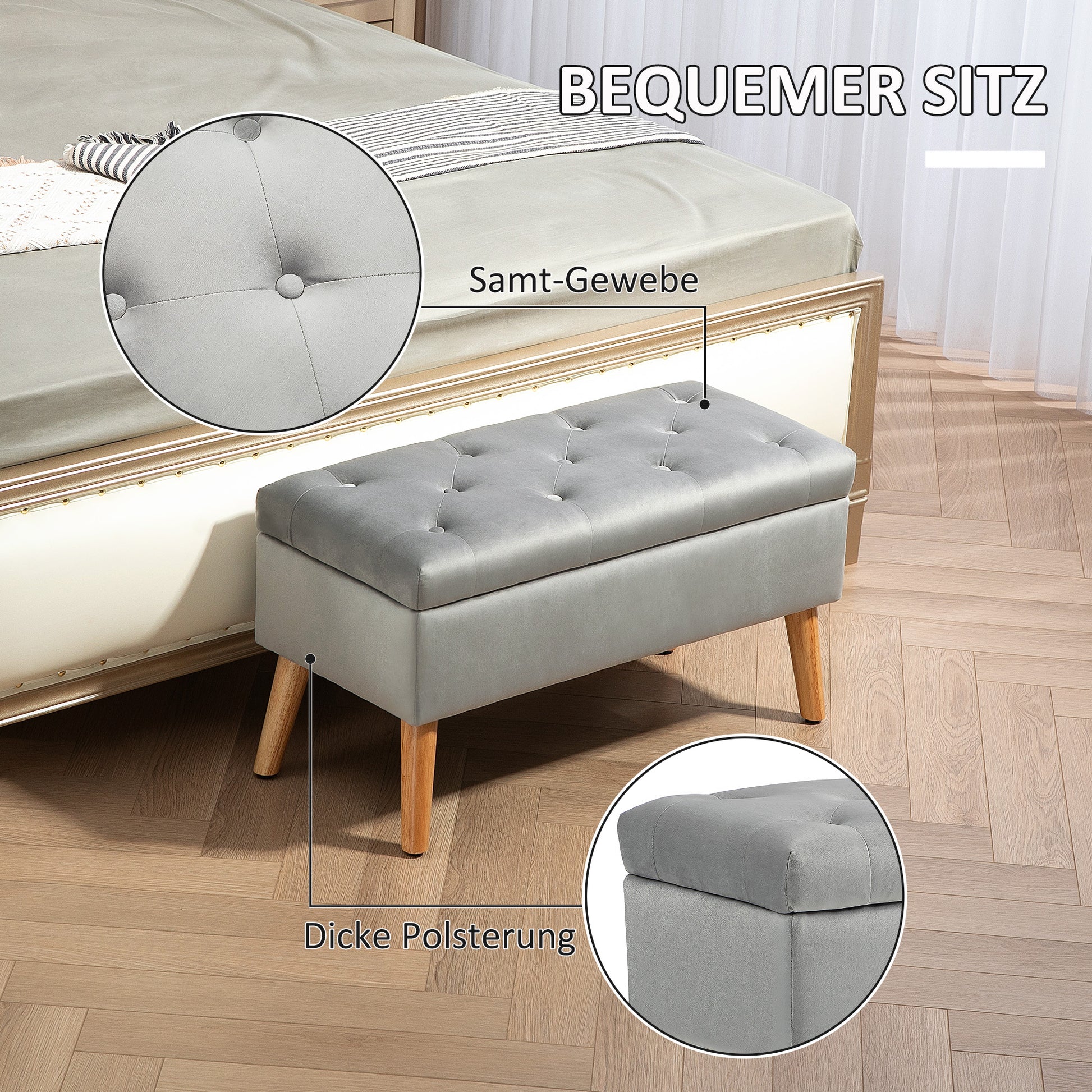 Storage Bench with Padded Seat, Ottoman with Lid, Bed Bench with Velvet Look, for Hallway Bedroom Living Room, Rubberwood 80 x 35 x 40 cm Gray