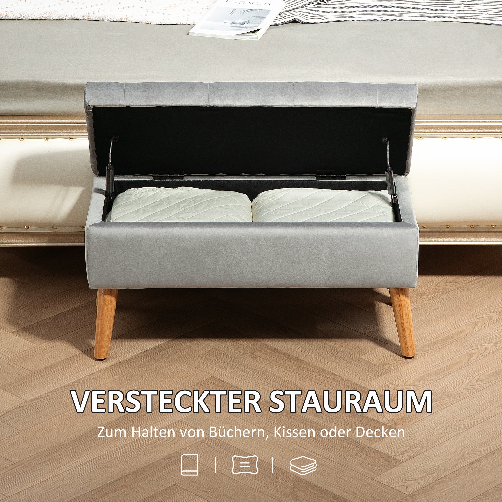 Storage Bench with Padded Seat, Ottoman with Lid, Bed Bench with Velvet Look, for Hallway Bedroom Living Room, Rubberwood 80 x 35 x 40 cm Gray