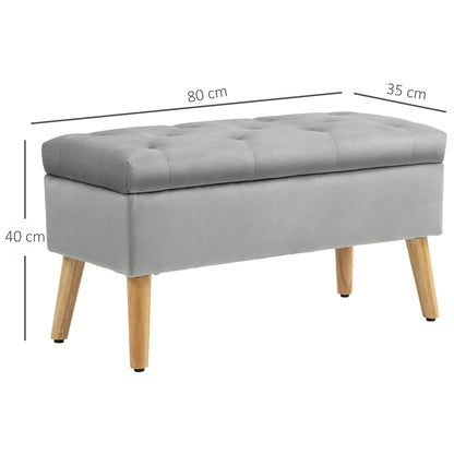 Storage Bench with Padded Seat, Ottoman with Lid, Bed Bench with Velvet Look, for Hallway Bedroom Living Room, Rubberwood 80 x 35 x 40 cm Gray