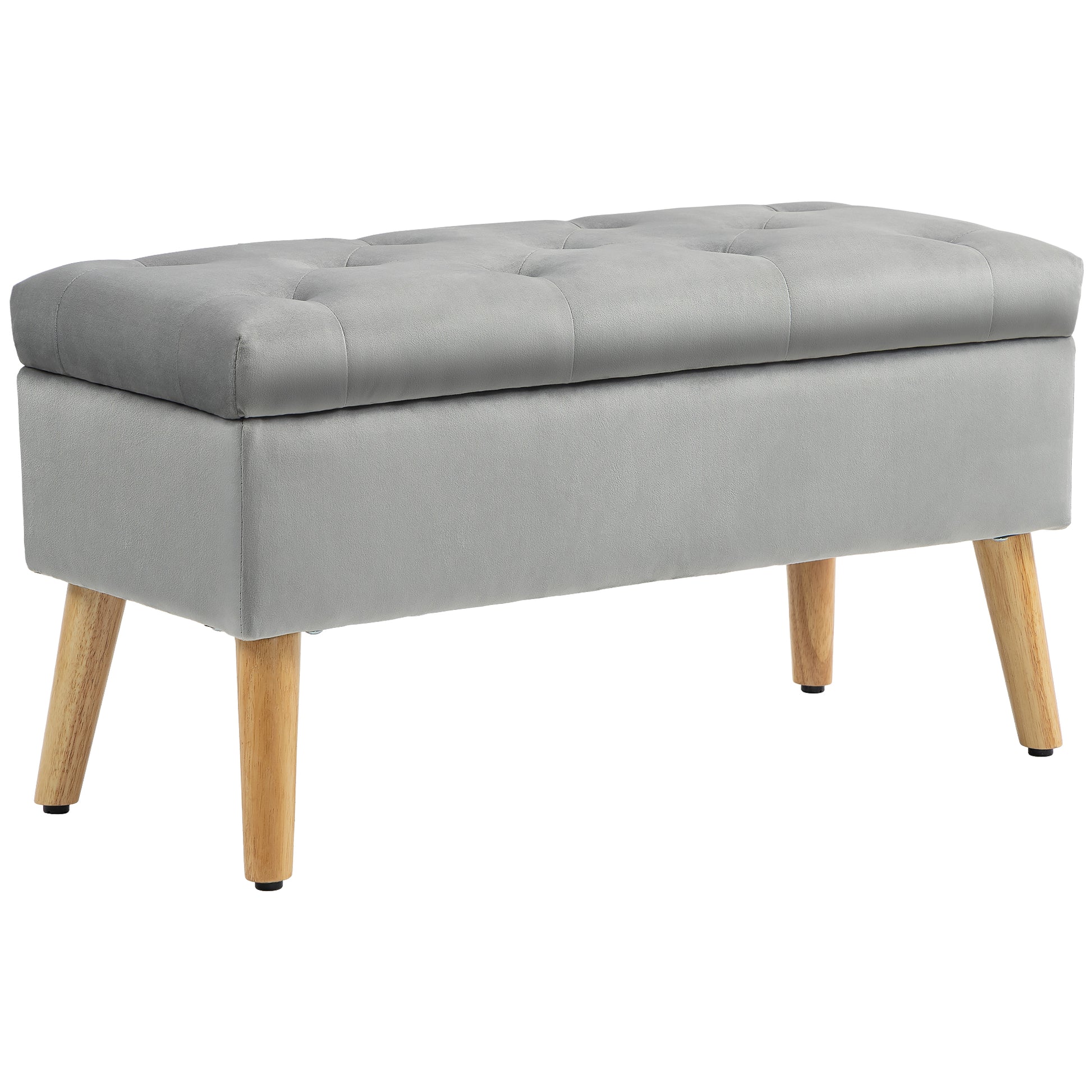 Storage Bench with Padded Seat, Ottoman with Lid, Bed Bench with Velvet Look, for Hallway Bedroom Living Room, Rubberwood 80 x 35 x 40 cm Gray