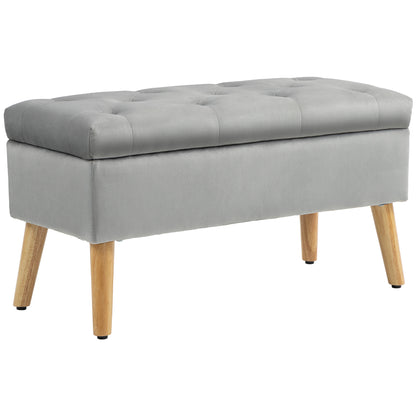 Storage Bench with Padded Seat, Ottoman with Lid, Bed Bench with Velvet Look, for Hallway Bedroom Living Room, Rubberwood 80 x 35 x 40 cm Gray